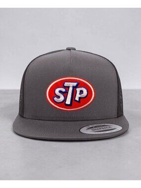STP Gas Oil Logo Patch on YP Flat Bill Trucker Hat Mesh Back Snapback charcoal/b